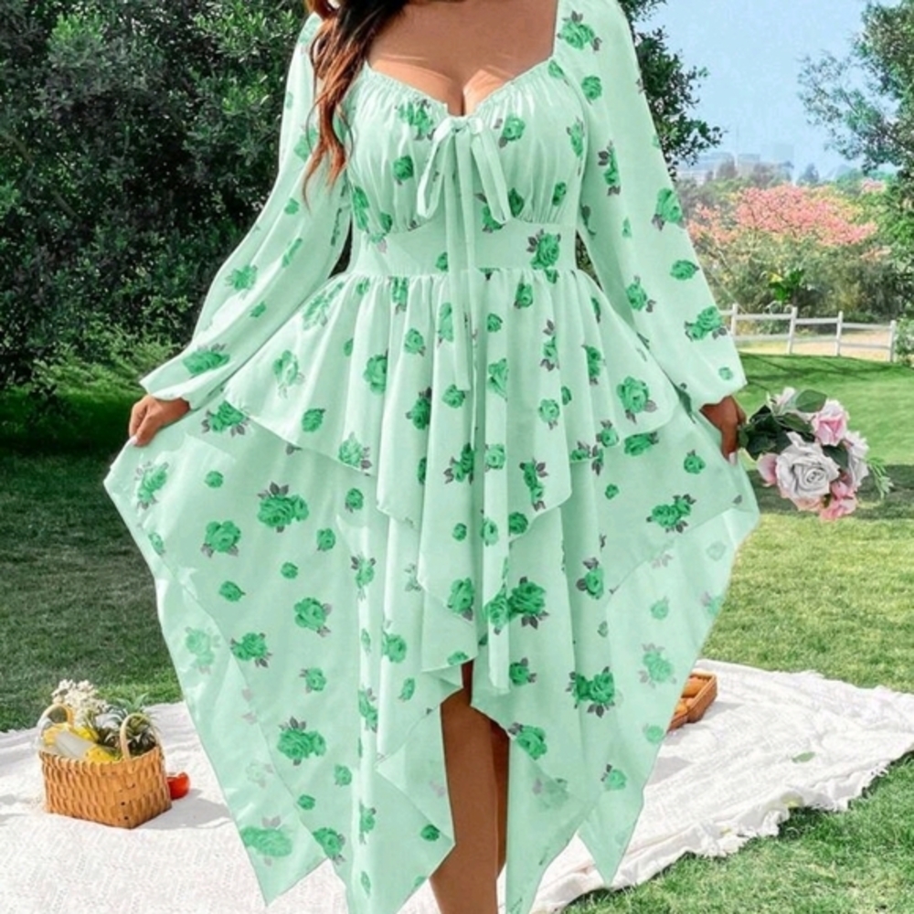 SHEIN CURVE MINT ROMANTIC FLORAL LAYER DRESS SZ 1X